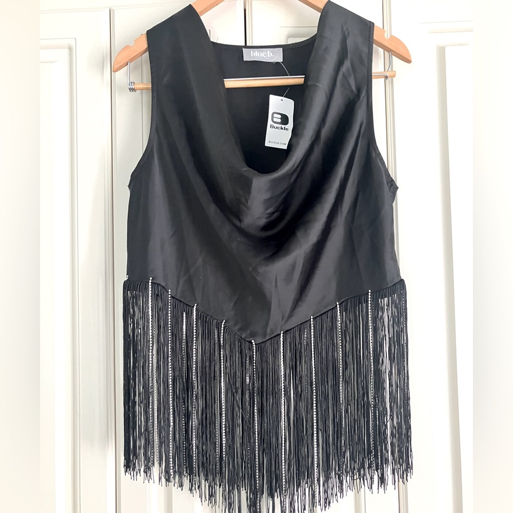 Buckle Black Satin Cowl Neck Tank with Fringe